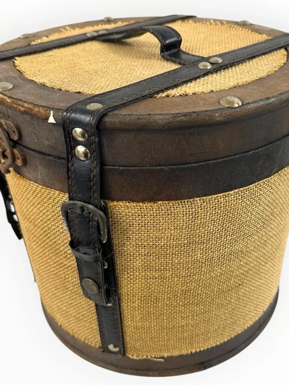 Rustic Round Wood Burlap Storage Box Vintage Style Home Decor 10.5”